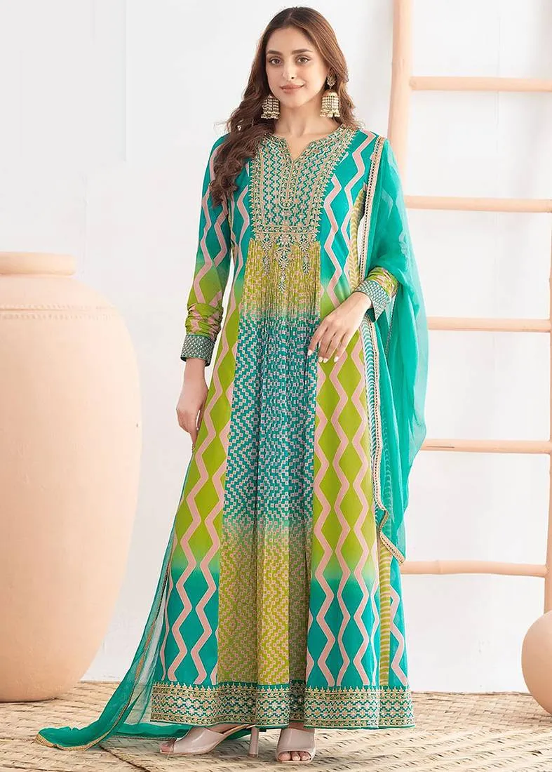 Turquoise Chinon Embroidered Print Long Gown Semi Stitched